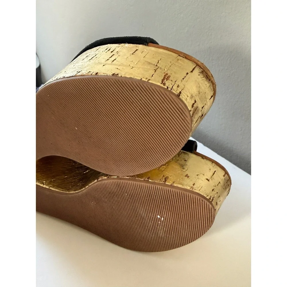 CHLOE See By Chloe Liana Wedge Sandal 6 Black Suede/Gold Cork Platform Gladiator